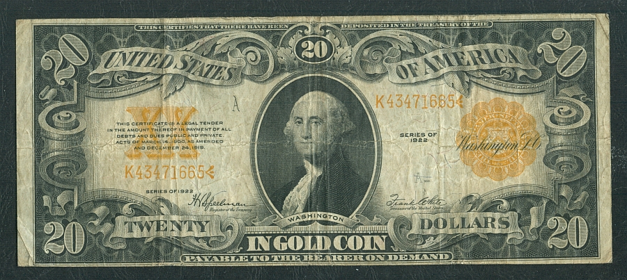 Fr.1187, 1922 $20 Gold Certificate, Very Fine